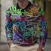 Graffiti Print Long-Sleeve Polo Shirt, Trendy Street Style Casual Wear