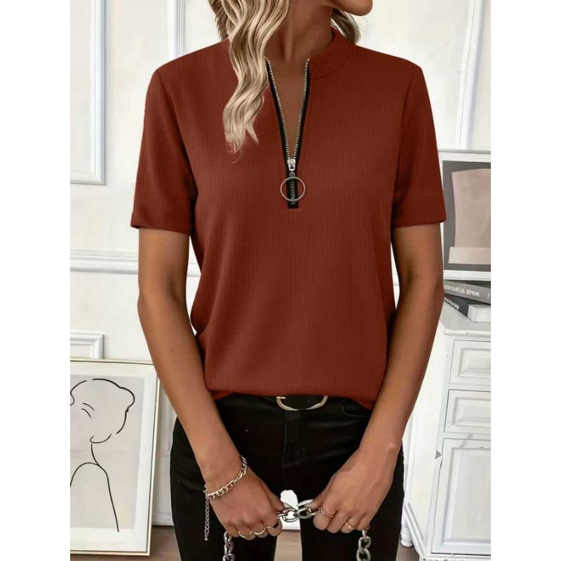 Womens Ribbed Knit Half Zip T Shirt With Stand Collar Short Sleeve Casual Slim Fit Top