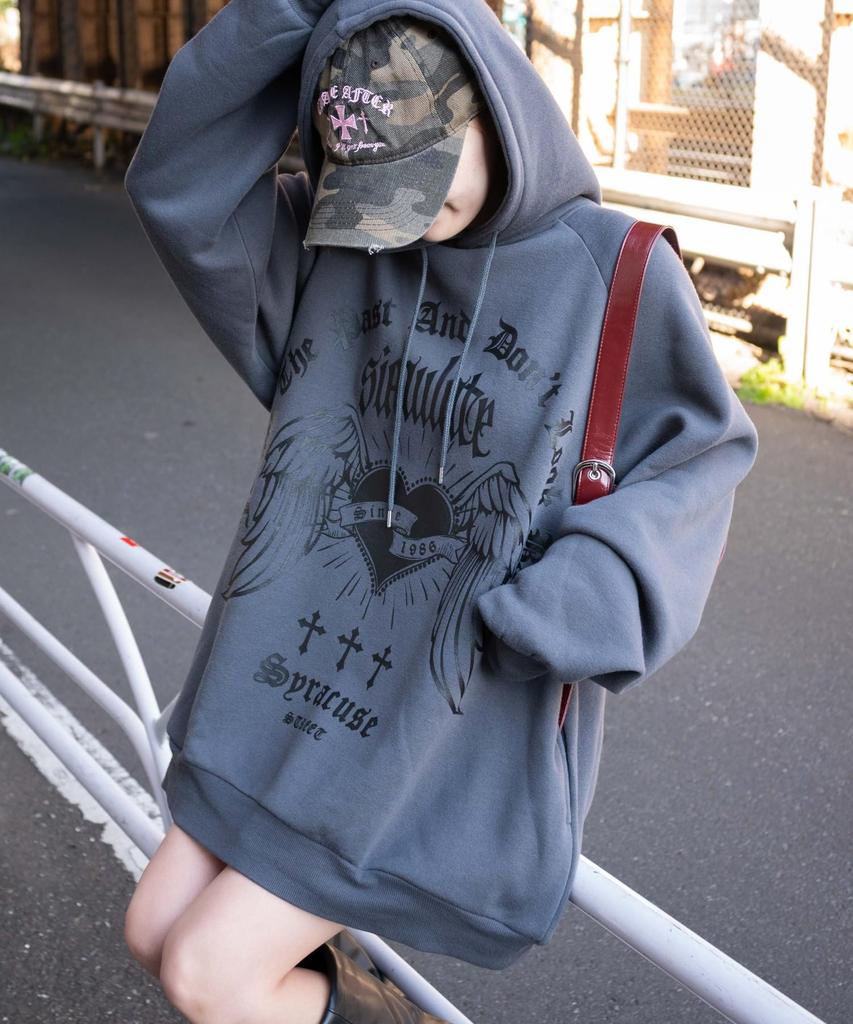 WEGO Wing Heart BIG Korean Oversized Perfect for and Size Dark Gray Women's Hoodie/Sweatshirt, Streetwear, Casual, Silhouette, Spring, Summer, Autumn,