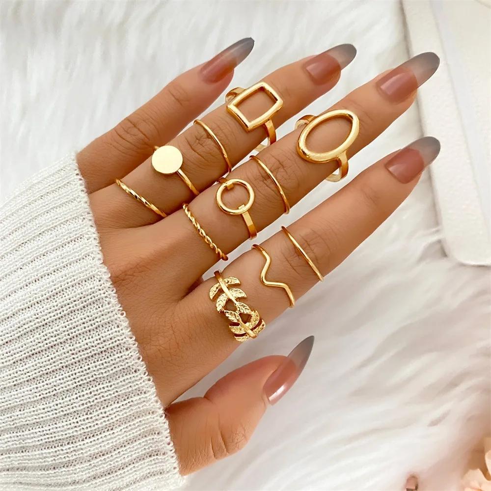 Neues Mode Kreatives Geometrisches Blatt Welle Hohl Ring Set 11 Stk. für Damen Herren Einfacher Knöchelring Charm Hochzeitsfeier Schmuck