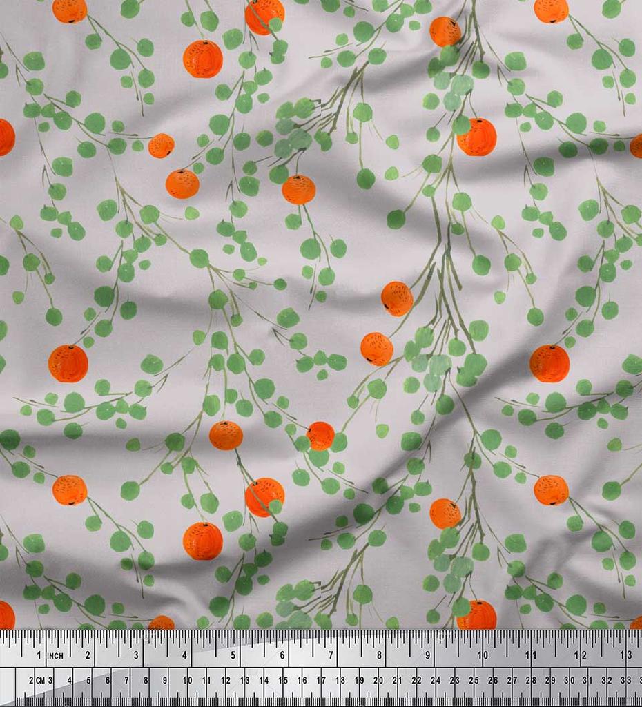 Soimoi Black Japan Crepe Satin Fabric Leaves & Orange Fruits Print Fabric by Metre 42 Inch