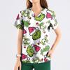 Women's Fashion Printed Short Sleeve V Neck Pattern Tops Pocket Working T-shirts
