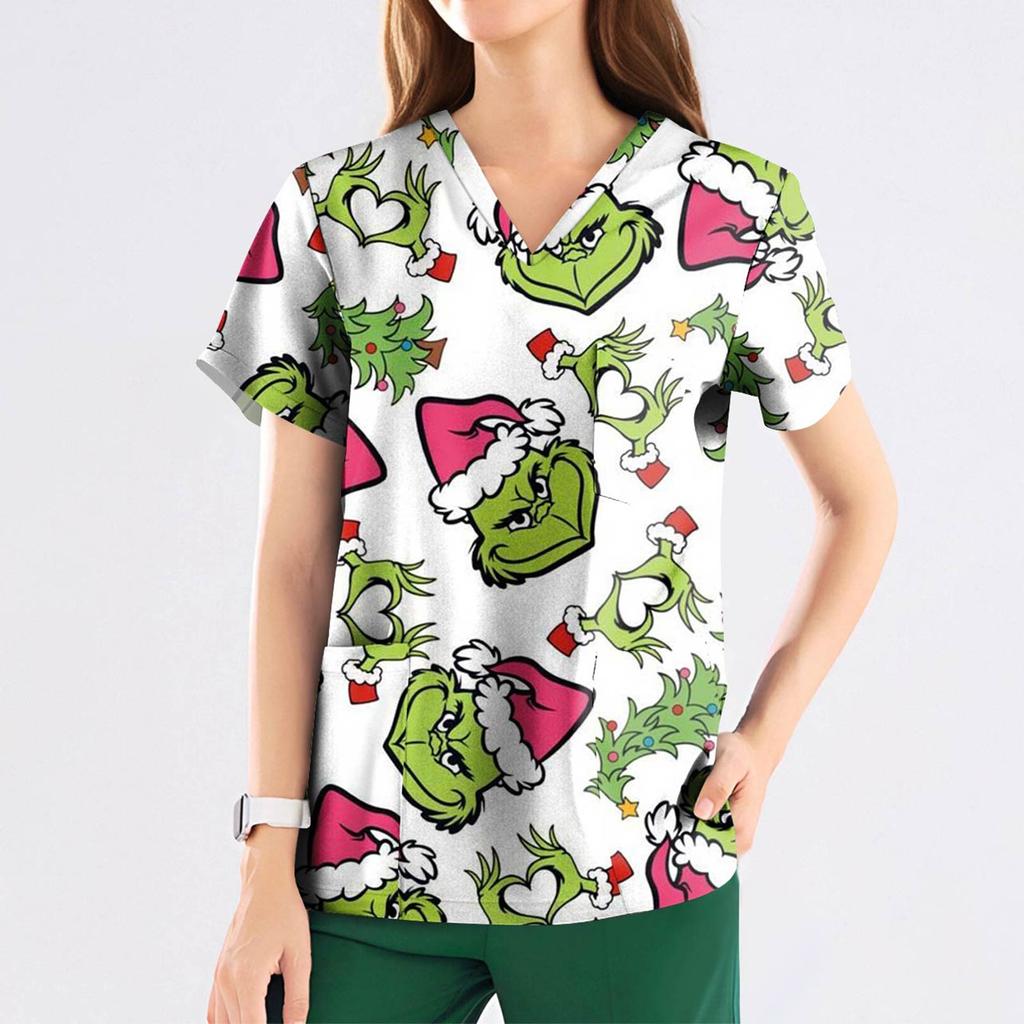 Women's Fashion Printed Short Sleeve V Neck Pattern Tops Pocket Working T-shirts