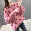 Korean Style Heart Pattern Crew Neck Loose Knitted Sweater