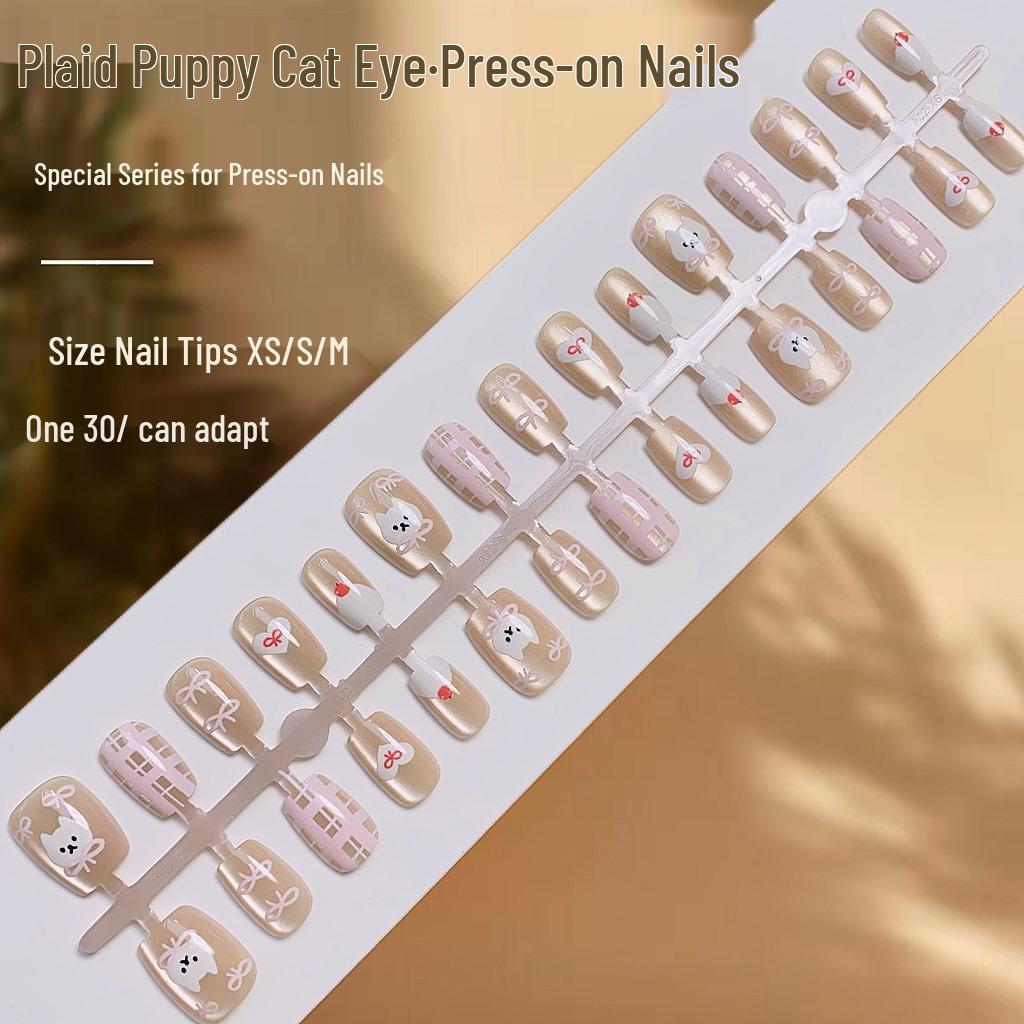 

Trendy Plaid & Puppy Cat-Eye Heart Nail Patches - Cute Girly Fake Nails Set