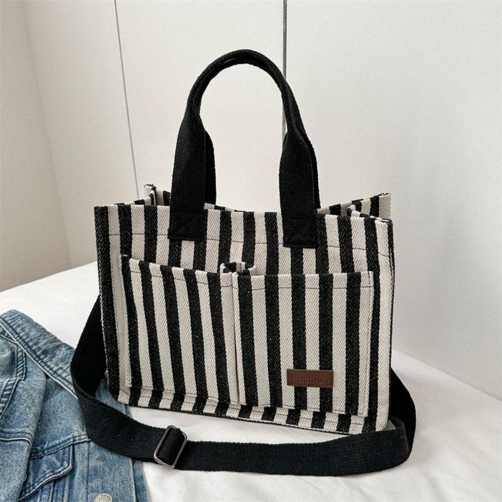 Simple Shoulder Bag Large Capacity Cloth Handbag Temperament Stripe Canvas Tote Bag  Girls