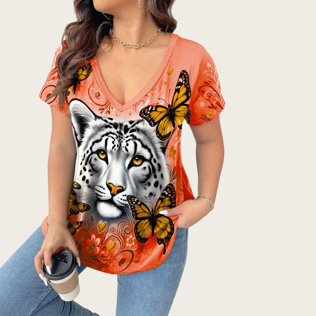 2025 Plus Size Women's V-Neck T-shirt with 3D Animal Print, Short Sleeves: European & American Style Casual Fashion