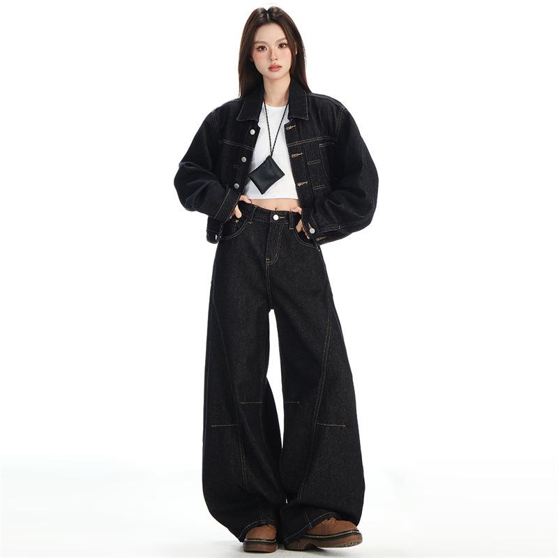 American Dark Blue Patchwork Curved Leg High Waist Wide Leg Jeans - Women s Relaxed Fit Small
