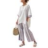 Women's Stripe 2 Piece Outfit Crew Neck Half Sleeve Top And Wide Leg Pants Set Casual Loose Beach Set