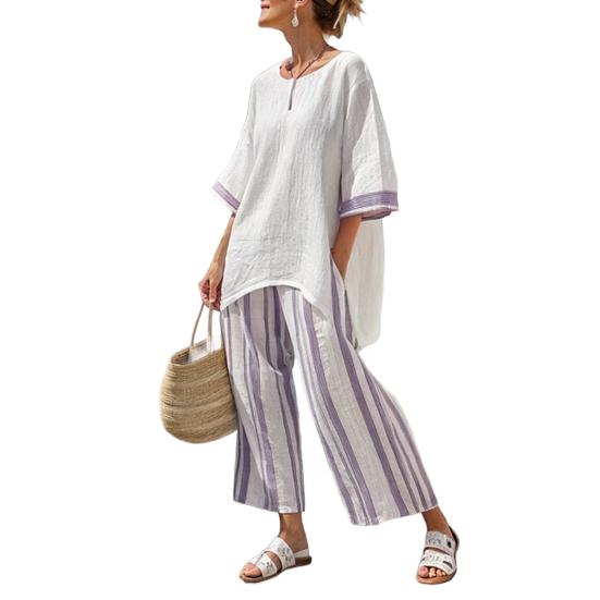 Women's Stripe 2 Piece Outfit Crew Neck Half Sleeve Top And Wide Leg Pants Set Casual Loose Beach Set