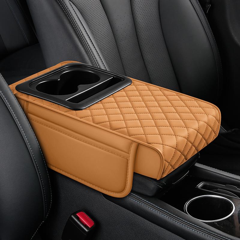 Multifunctional Car Armrest Box Booster Pad, High-Quality Pu Leather, with Double Cup Holder, Side Storage Bag, Mobile Phone Storage, Essent