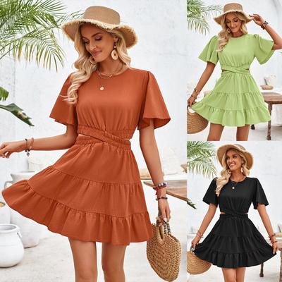 Women Spring Solid Color O-Neck Short Sleeve Dress Summer Casual A-Line High Waist Above Knee Dresses S-XL
