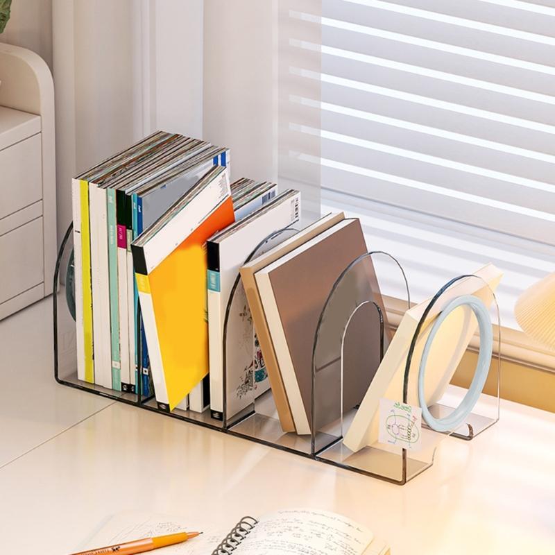 Acrylic Book End for Shelves 4 Compartments Book End Desk Book Stopper Magazine Stand Space Saving Book Organiser