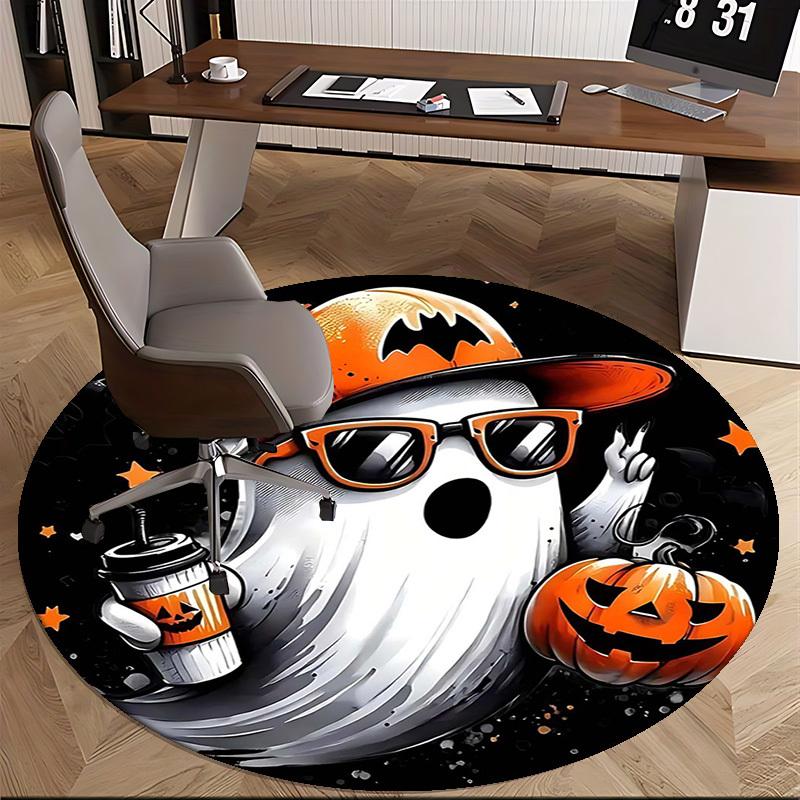 1pc Halloween Ghost with Pumpkin Coffee Cup Round Carpet, Office Chair Mat, Non Slip Rug for Home Decor, Gift, Office, Living Room, Bedroom