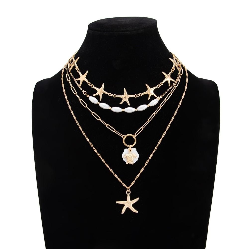 4Pcs Zinc Zinc Alloy Pearl Shell Starfish Necklace Set Sea Turtle Starfish Beach Pendant Vacation