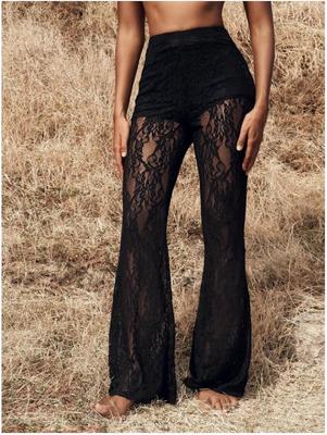 2026 European Style Sexy High-Waisted See-Through Lace Flare Pants for Women