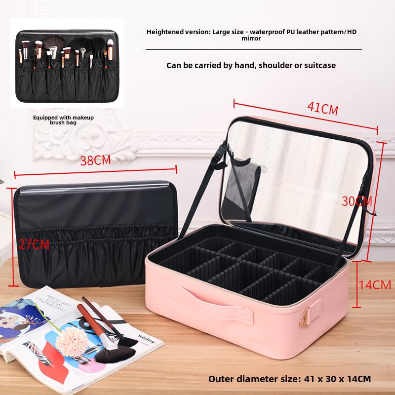 Black Heightened Cosmetic Bag with Mirror - Large Capacity Portable Handheld Storage Box
