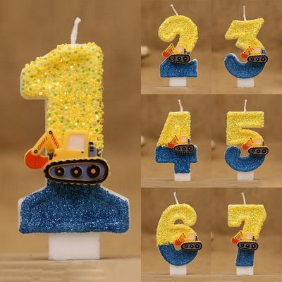 Construction Birthday Candles Blue Yellow Glitter 0-9 Number Candles Cake Topper Decorations for Boys Birthday Party Supplies