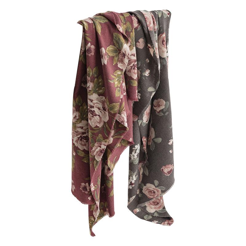 New Autumn and Winter Imitation Cashmere Tassel Shawl Fresh and Sweet Rose Print Cold Proof Warm Scarf