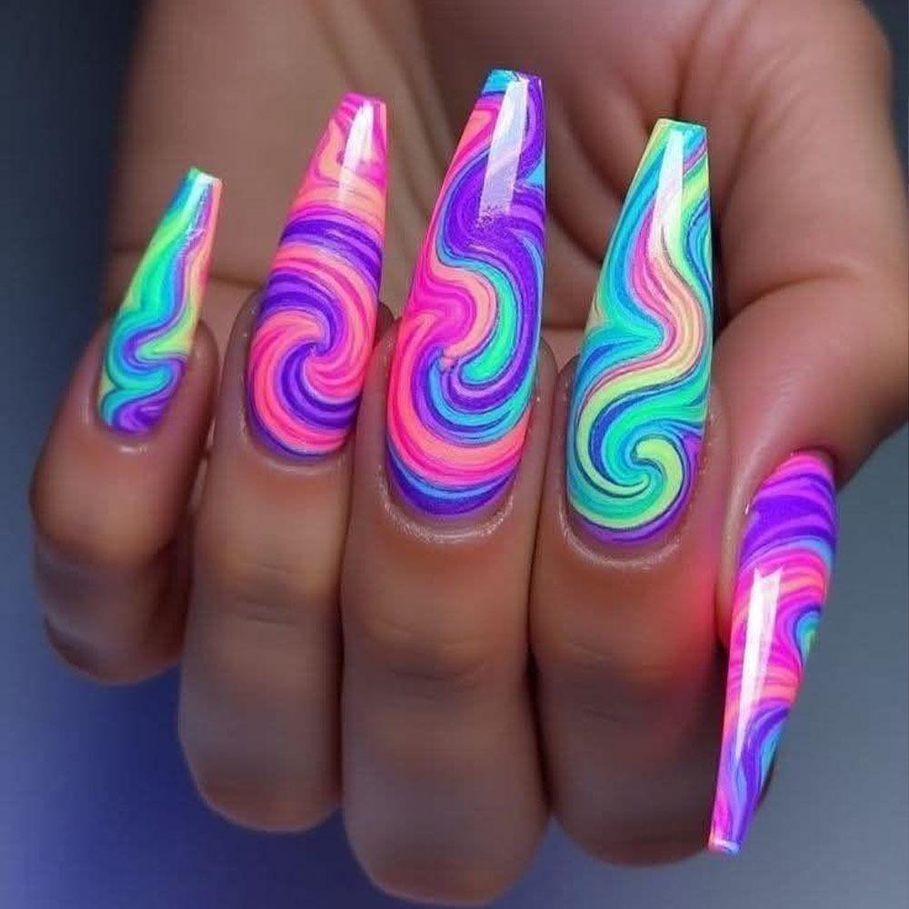 Multicolor Long Ballet Nail Art Stickers - Rainbow Swirl Gradient Removable False Nails