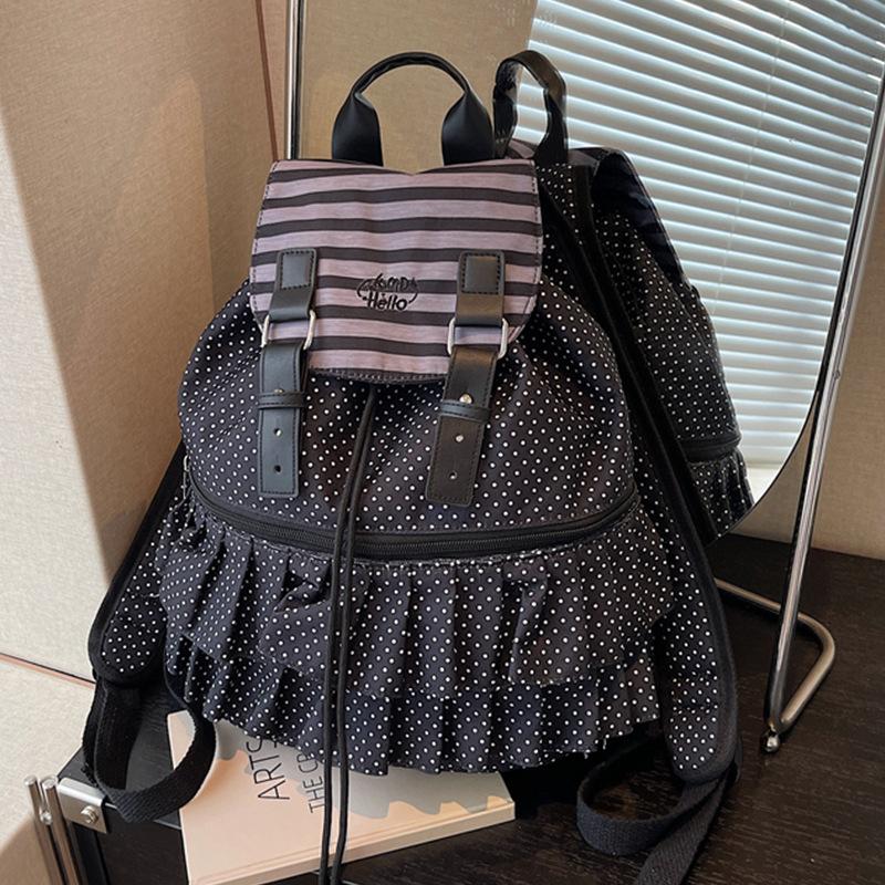New casual large-capacity polka dot travel backpack versatile foreign style pleated lace backpack student school bag