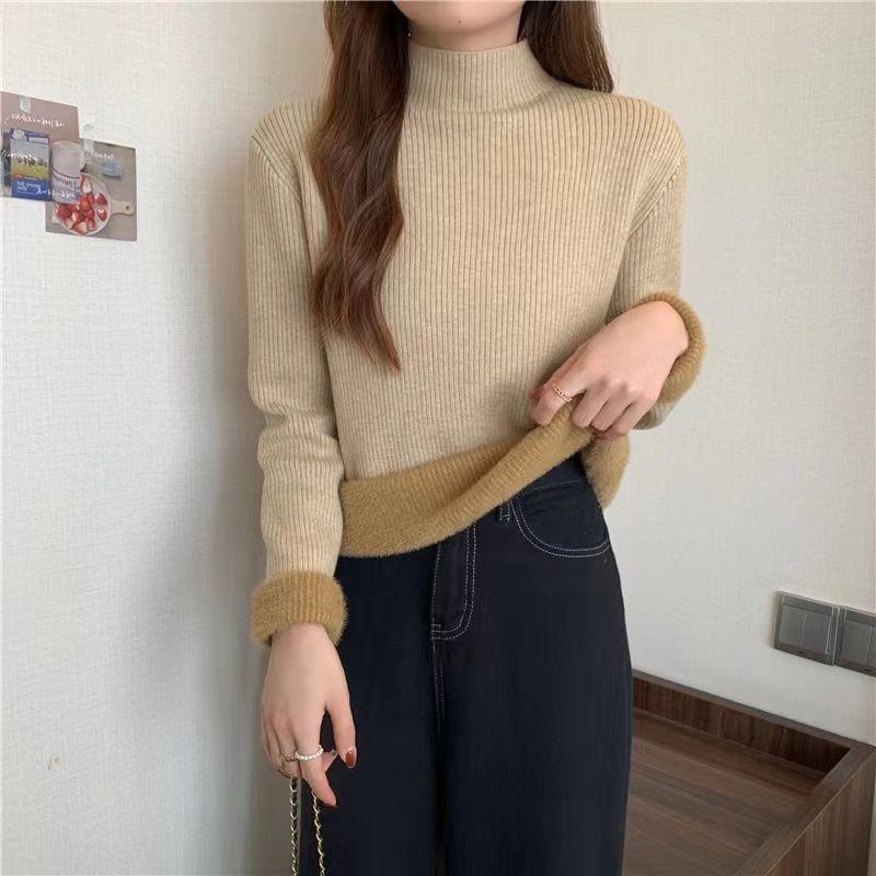 Fleece and Thickened Sweater Top for Women In Winter Semi-high-neck Pullover and Fitted Knitted Sweater Worn Inside