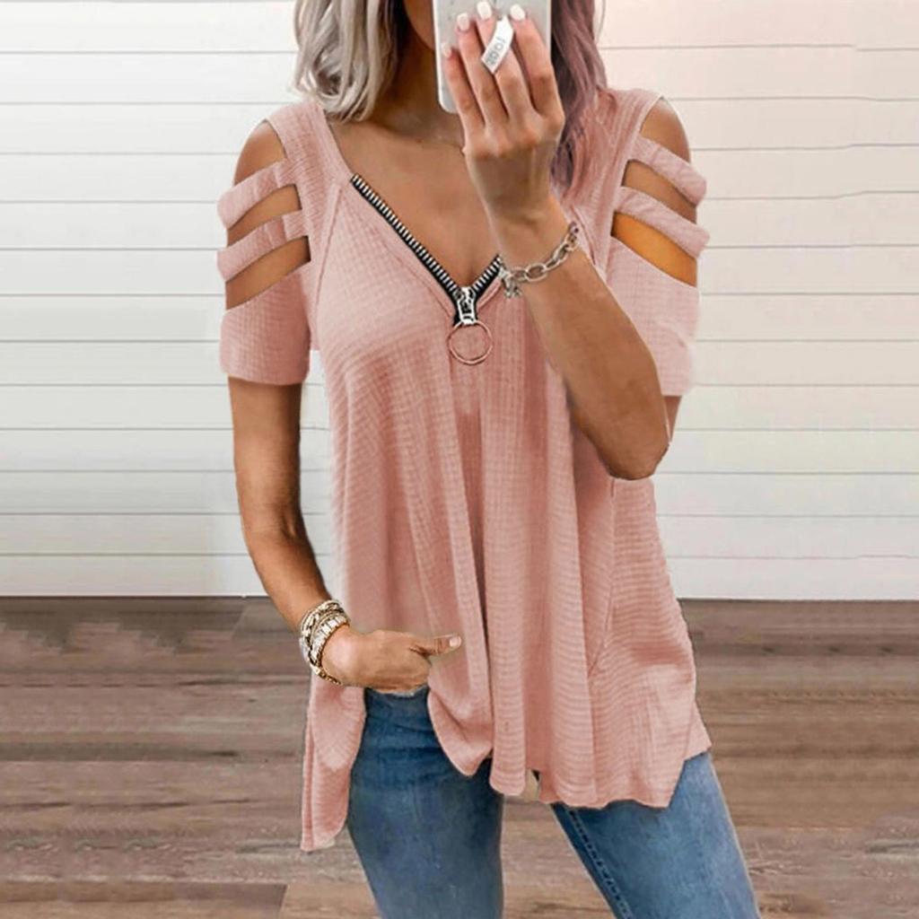 Womens Sexy V-neck Collar Zipper Color Short Sleeve Fold Casual Blouse Tops