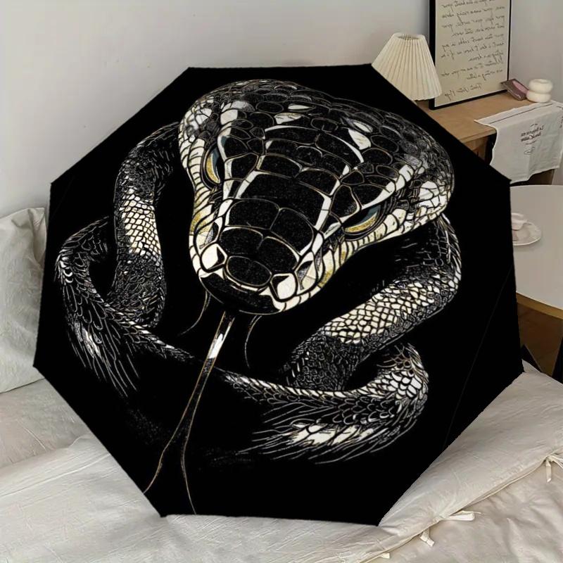 Black and White Snake Head Print Automatic Opening Folding Umbrella with 8-Bone Iron Frame - Perfect for Fans, Travelers, Daily Use, and Fes