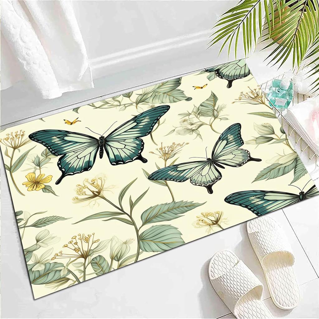 Wild Animal Butterfly Carpet Spring Garden Plant Floral Rug for Bedside Sofa, Botanical Flower Floor Mat Home Entrance Doormat