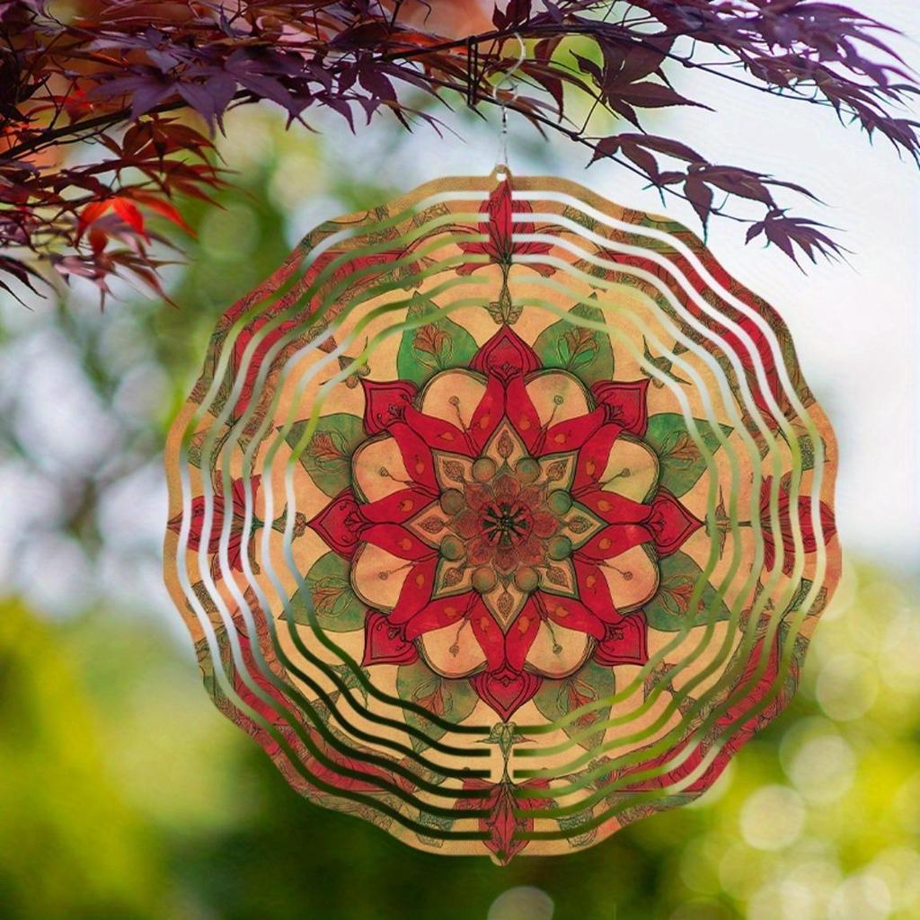 10 Zoll Hängendes Windspiel Ethnisch Mandala Design Metall Windglocke für Balkon Rasen Gartendekor Drehbarer Haken Geschenk für Frühling Sommer