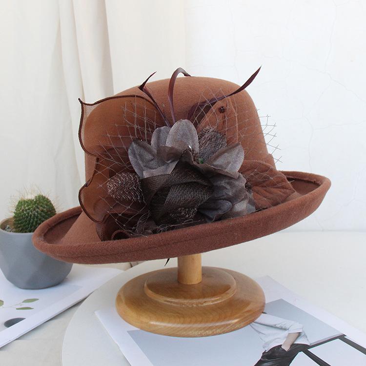 Autumn And Winter Curled Feather Flower Woolen Top Hat Women'S British Retro Casual Bucket Hat Mesh Basin Hat Tide