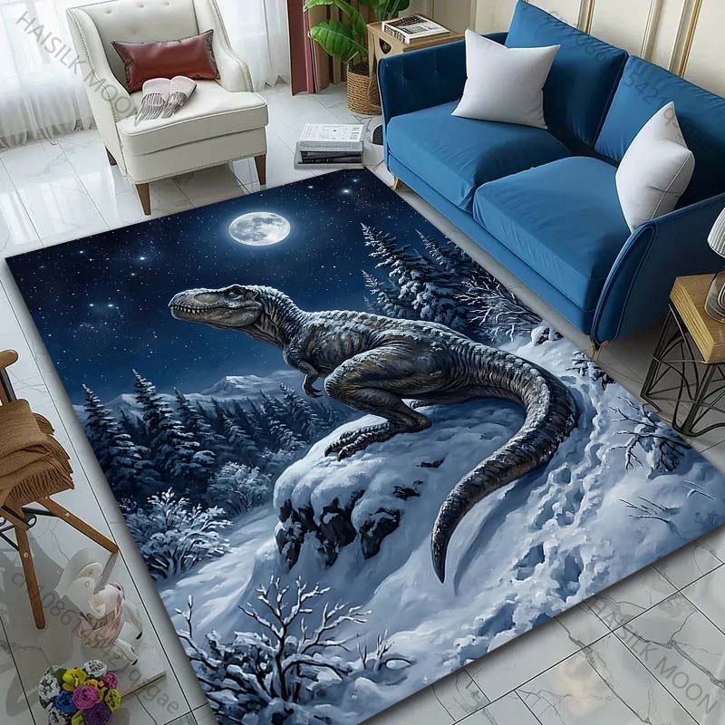 1PC Dinosaur in snowy moonlit forest Print Carpet Rug for Living Room Bedroom Sofa Doormat Home Decor Non-slip Floor Mat