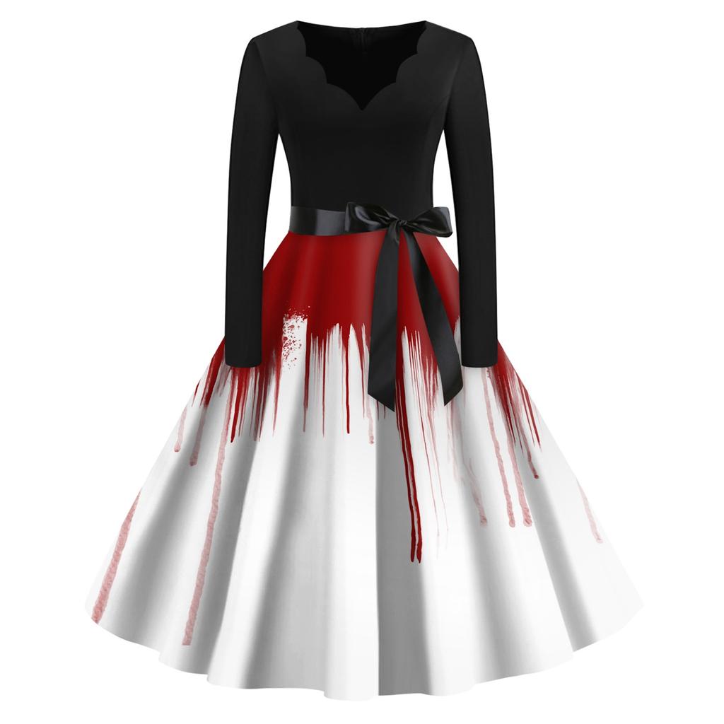 Dámské vintage klasické šaty, výstřih, motýlek, dlouhé rukávy, Halloweenský potisk Šaty s výstřihem do V