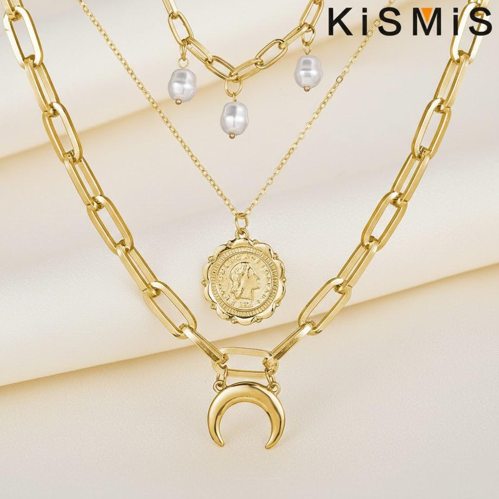 Vintage Three Pearl Crescent Pendant Long Layered Necklace Fashion Multi-layer Chain Necklace золотой
