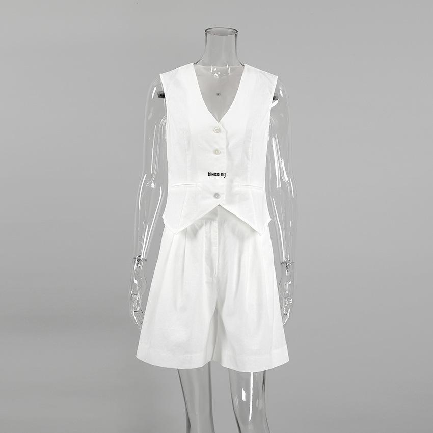 European & American Design Cotton Linen Suit: Women's Summer Casual Sleeveless Vest & Shorts Set
