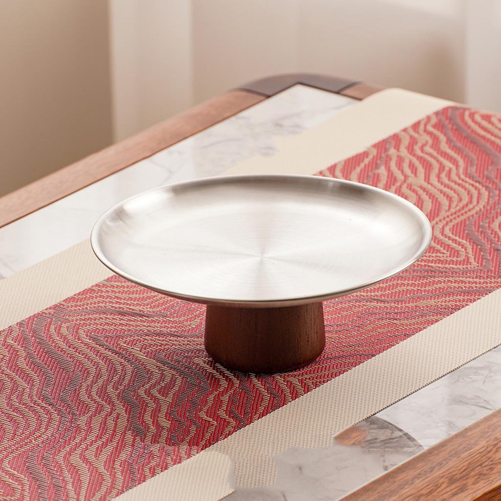 Metallkakebrett i rustfritt stål Husholdningsfruktfat Høyfotet dessertform med trebase for bord