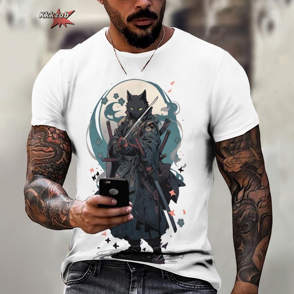 Animal Warrior Cat Print Short Sleeve Pattern Men's T-shirt 3D T-shirt Harajuku Tops Fun O Neck Pullover Summer Men's Casual Clo