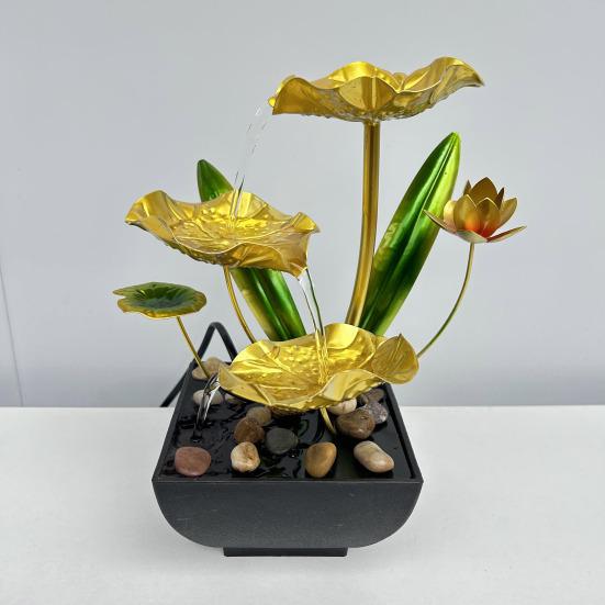 Golden Lotus Leaf Fountain Decoration 3-Tier Indoor Flower Leaves Relaxation Waterfall Fountain Fish Tank Home Office Living Room Desktop Fengshui