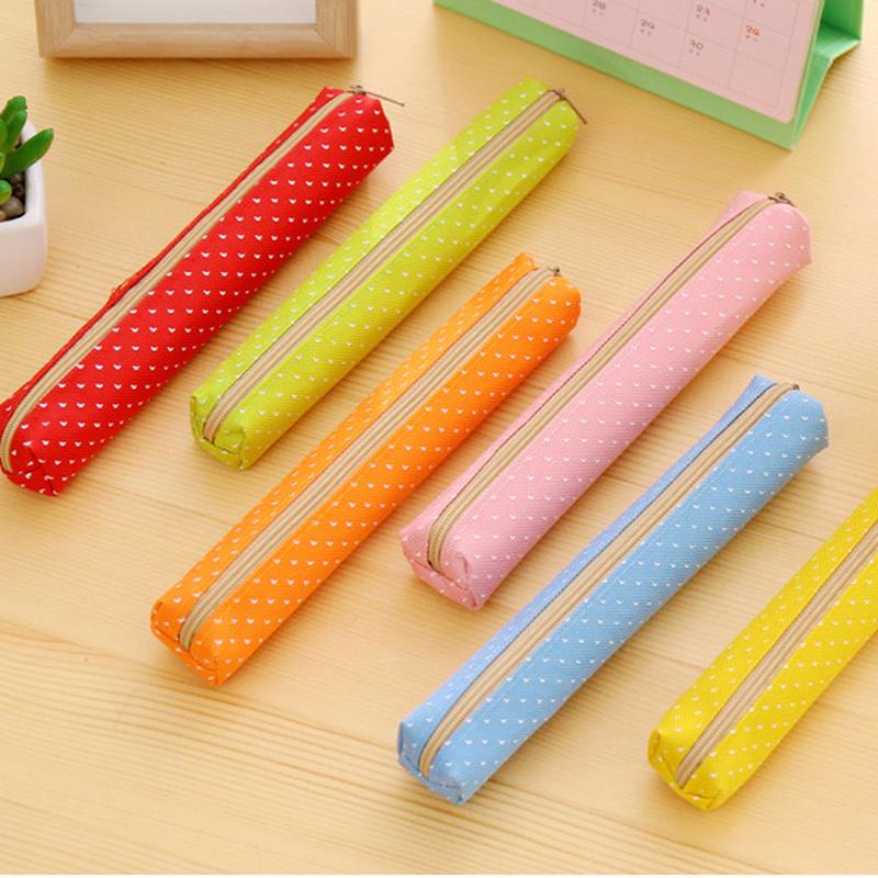 Strip Shape Candy Pencil Case Bag Dots Canvas Pens Storage Bag Stationery Pouch for Kids Girls Portable Lipstick Bag