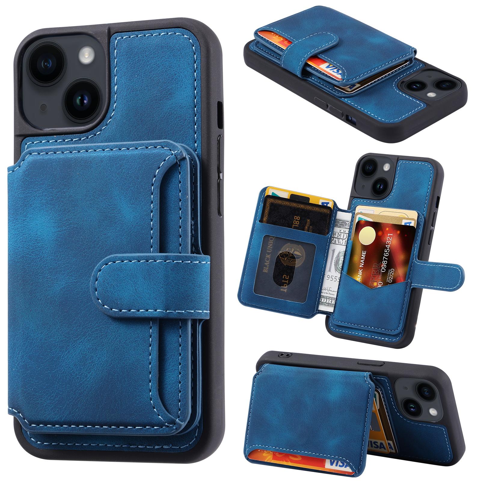 

For iPhone 15 Plus Leather Coated TPU Phone Case RFID Blocking Wallet Phone Cover with Kickstand Navy Blue