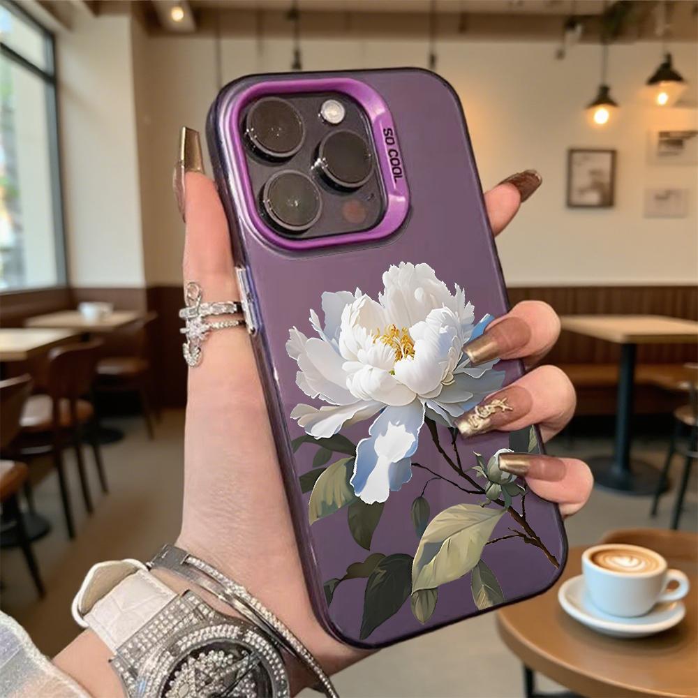 Artistic White Peony Flower Phone Case for Iphone 16 15 14 13 12 11 Pro Max Mini Shockproof Anti-Scratch Protective Hard Cover