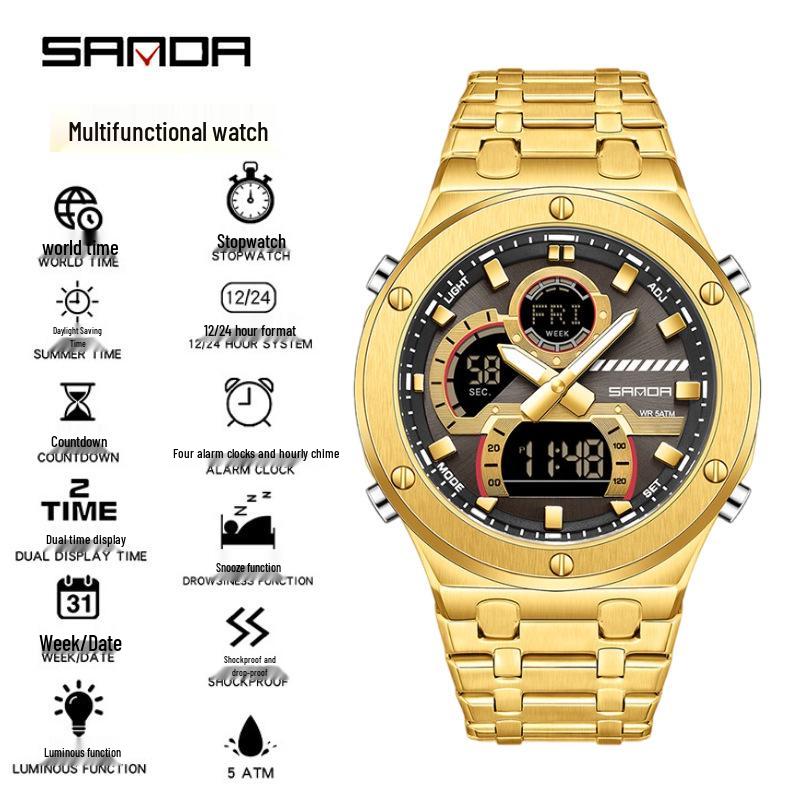 Sanda Trendy Multifunctional Waterproof Student Wristwatch with World Time Display