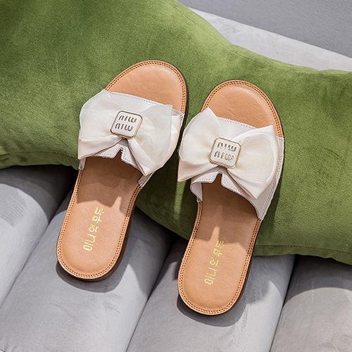 Fashion Cow Leather Sandals 2025 New Women's Slippers Bow Large Size 35-43 Beef Tendon Sole Soft Sole Geunine Leather Slippers