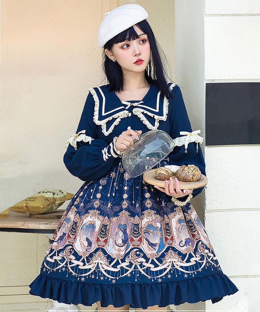 Milky Time Classic Lolita Dress, Long Sleeves, Cat Design, Sailor Collar, Navy, Cosplay Costume, Women's, Medium (Navy, M)
