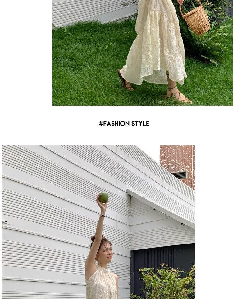 French-Style Summer Chiffon Halter Neck Dress with Embroidered A-Line Skirt
