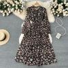 Spring new French V-neck long-sleeved waist temperament small fresh floral dress women's pleated long dress
