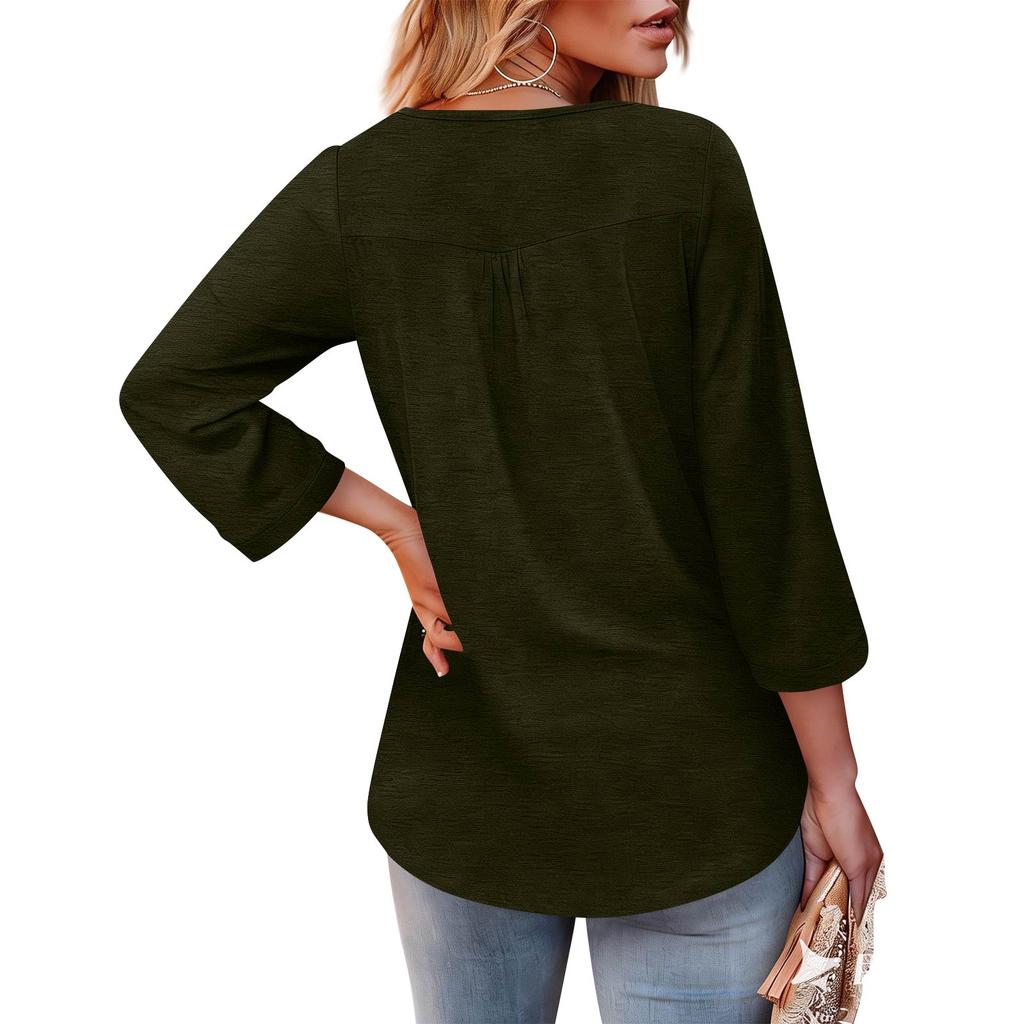Womens V Neck Three Quarter Sleeve Blouse Loose Fit Button Lightweight Pullover Top for Casual Office Wear