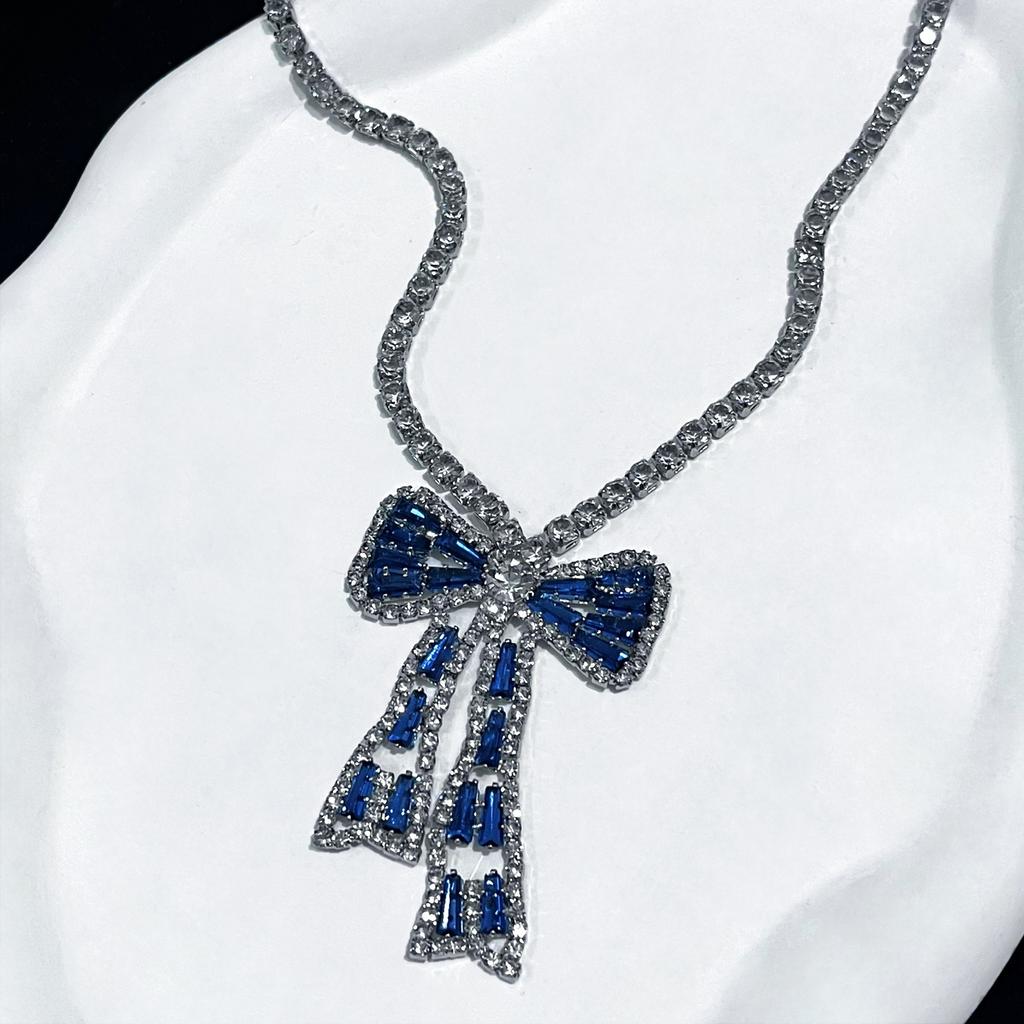 Korean Bow Necklace Ins Full Diamond Tassel Temperament Light Luxury Rhinestone Simple Neck Chain Collarbone Chain Fashion Jewelry