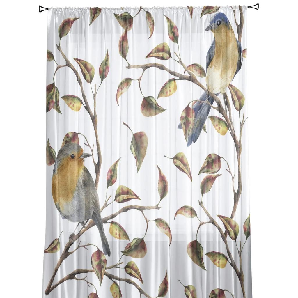 Birdie Leaves Plant Animal Modern Tulle Curtains For Living Room Bedroom Home Kitchen Window Sheer Curtains