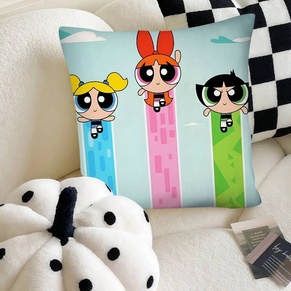 The Cartoon P-Powerpuffs Star Girls Pillow Case Square Pillow Bedroom Sofa Leisure Comfort Cushion Car Home Decoration 16x16Inch